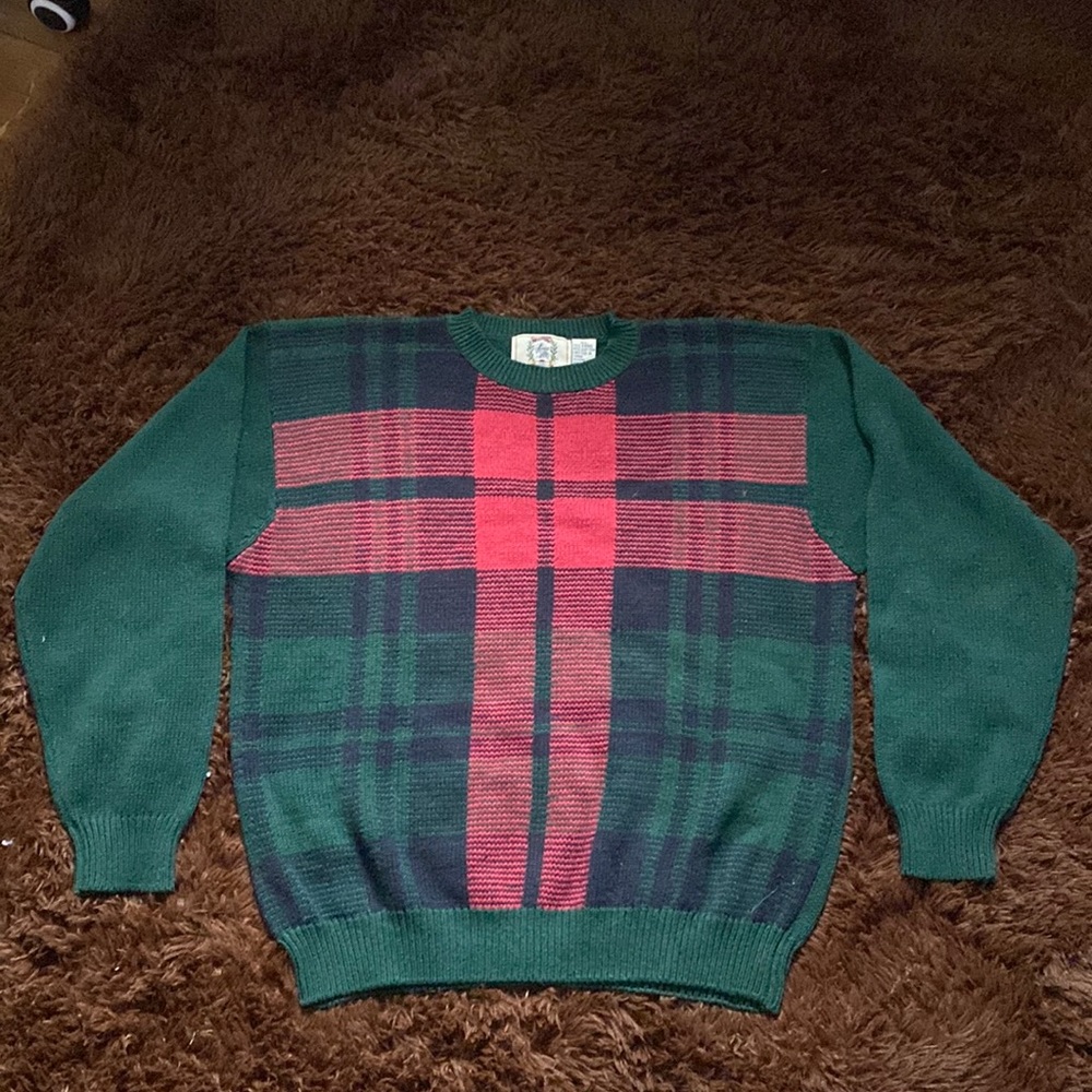 Vintage Knit Grandpa Christmas Sweater Plaid Ramie Fabric Retro Thick Crewneck